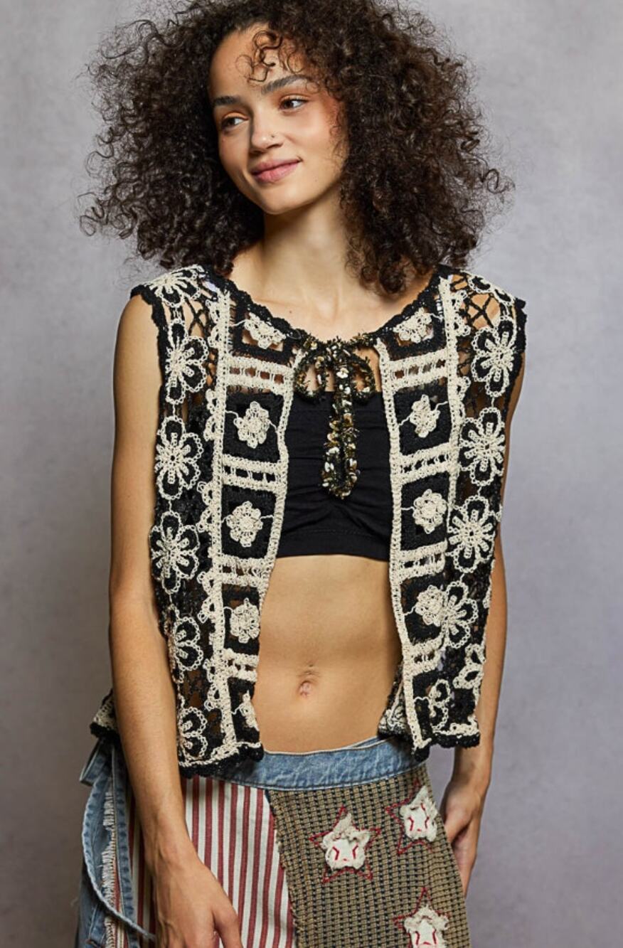 POL Black Cream Crochet Open Front Vest NWT Scalloped Edge - Boho Layering